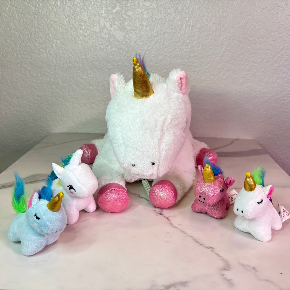 Snug A Babies Unicorn Plush Mother with 4 Baby Unicorns Zipper Pouch Toy Set